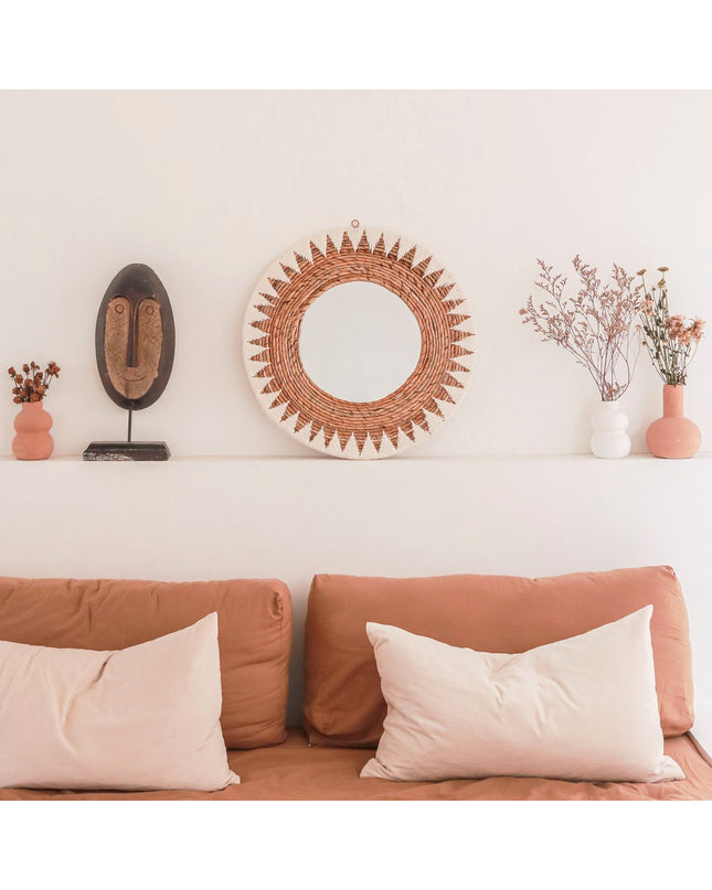 Ronde Boho Spiegel 60 cm | Handgemaakte geweven wandspiegel AWAN | Wanddecoratie met patroon gemaakt van katoenen koorden