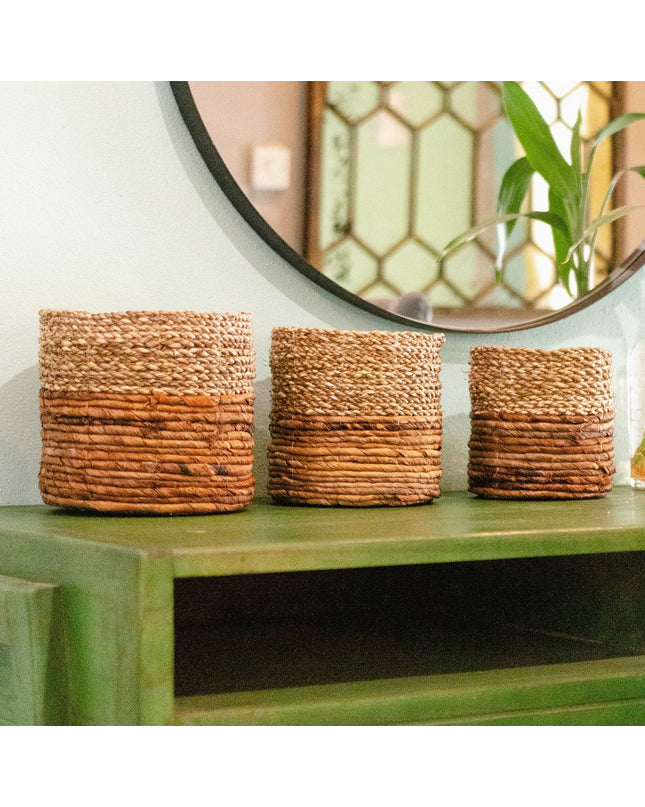 Kleine zeegrasmand BHINNEKA (tweekleurig) | Plantenmand | Kleine opbergmand | Geweven Boho-mand | Plantenbak | Decoratieve mand | Ronde bloemenmand