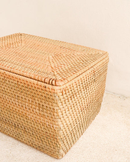 Opbergmand met deksel Plankmand gemaakt van beige rotan handgeweven decoratieve mand GRAHA (2 maten)