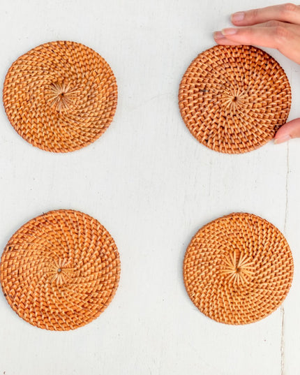 Ronde rotan onderzetters set van 4 of 8 handgemaakte TIBU
