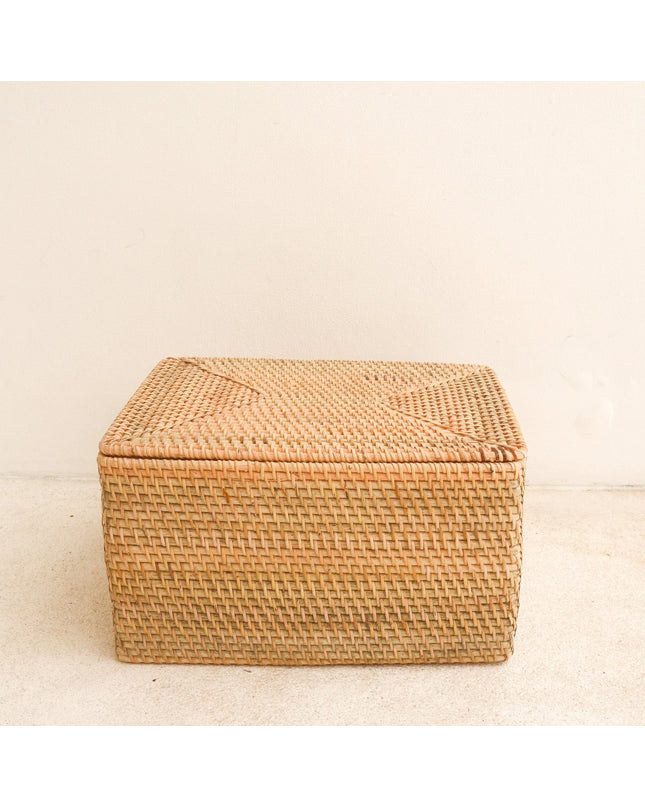 Opbergmand met deksel Plankmand gemaakt van beige rotan handgeweven decoratieve mand GRAHA (2 maten)