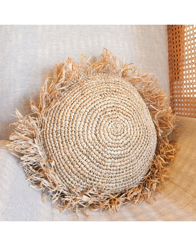 Rond Boho Kussen met Franjes Decoratief Kussen Ø40/50 cm Sierkussen van Raffia Bankkussen met Vulling TARAKAN beige