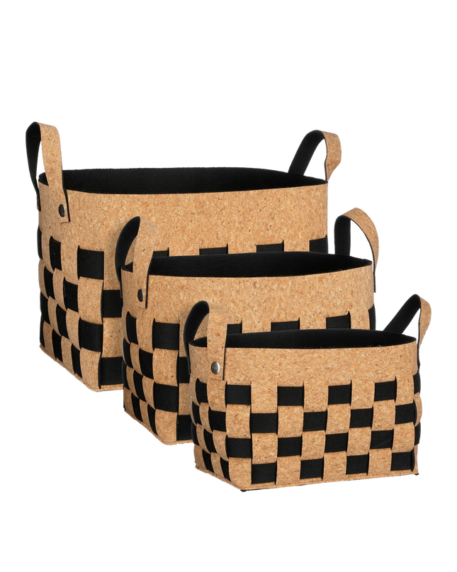 Opbergmand - Set van 3 - L40 x B30 x H30 cm - Kurk/Vilt - Zwart