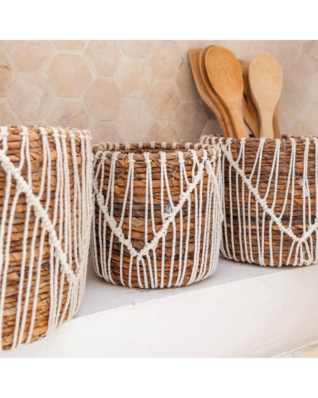Kleine Zeegrasmand ORIS | Ronde bloemenmand | Geweven Boho-mand | Plantenmand | Plantenbak | Macramé mand
