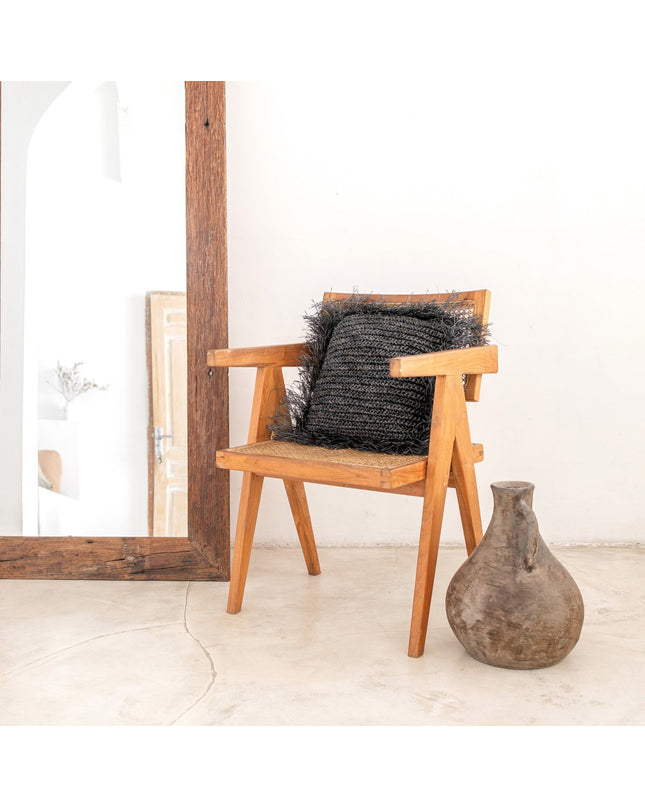 Zwart Raffia sierkussen met vulling Decoratief kussen met franjes GANDI gemaakt van Raffia (2 maten)