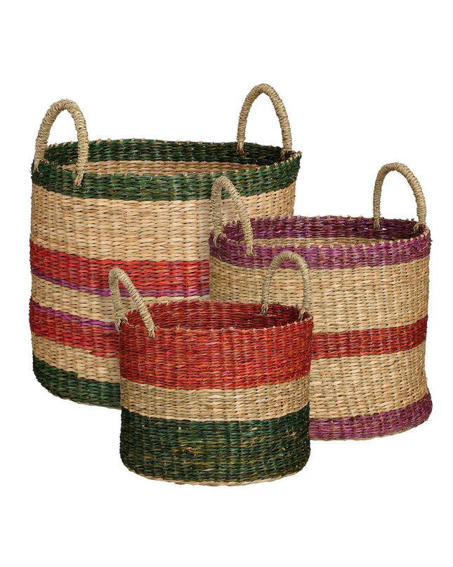 Mand - Set van 3 - H29 x Ø32 cm - Bruin, Rood, Groen, Roze
