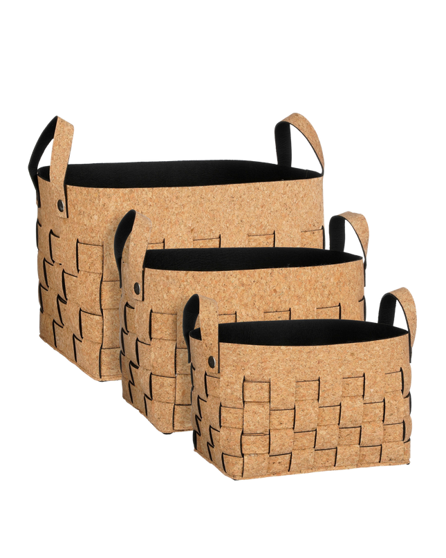 Opbergmand - Set van 3 - L40 x B30 x H30 cm - Kurk/Vilt - Bruin