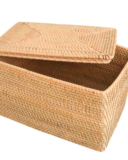 Opbergmand met deksel Plankmand gemaakt van beige rotan handgeweven decoratieve mand GRAHA (2 maten)