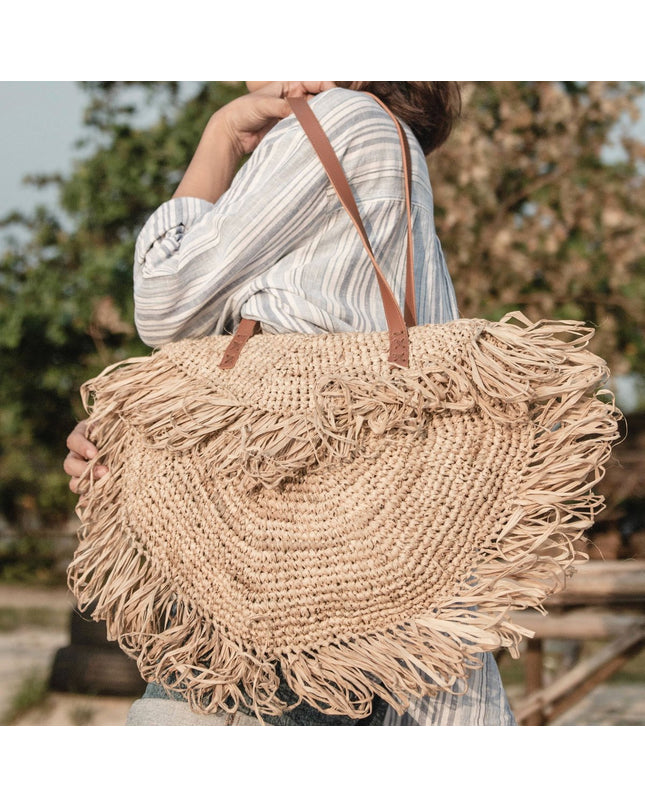 Beige schoudertas met franjes Strandtas Tote Boodschappentas SUMBAWA