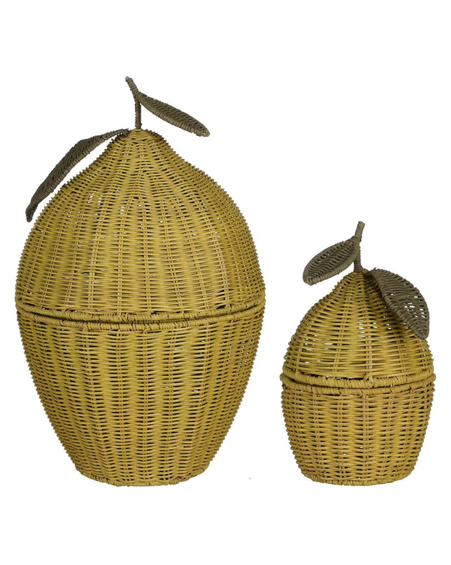 Opbergmand met Deksel - Set van 2 - H48 x Ø30 cm - Rotan - Geel