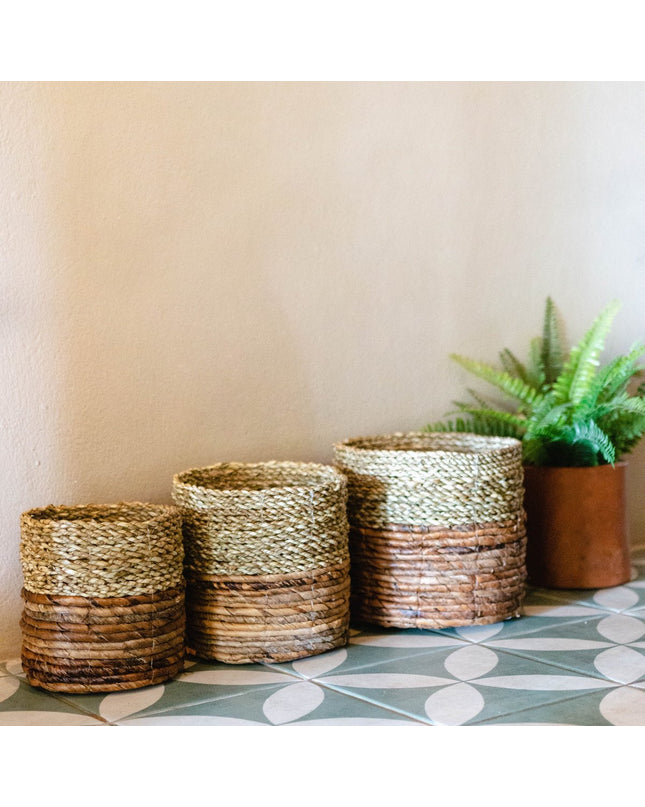 Kleine zeegrasmand BHINNEKA (tweekleurig) | Plantenmand | Kleine opbergmand | Geweven Boho-mand | Plantenbak | Decoratieve mand | Ronde bloemenmand