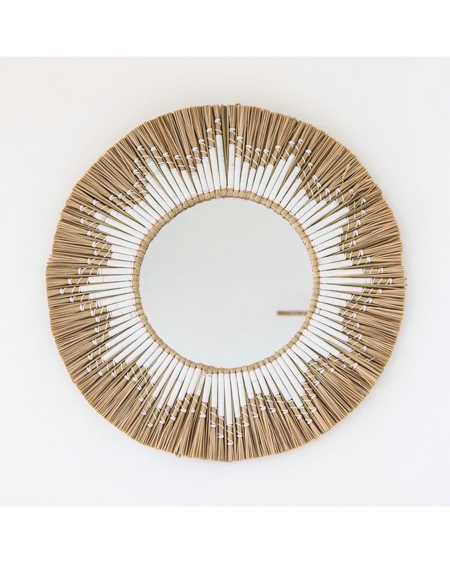 Ronde wandspiegel van zeegras – Boho hangspiegel – wandspiegel met franjes en patroon van wit katoen (Ø 60 cm) RANDU