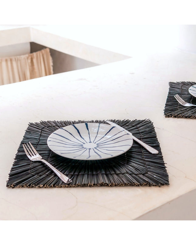 Zwart zeegras placemat (set van 2, 4 of 6) 36 cm | Rechthoekige vierkante tafelmat VARNA (zwart)