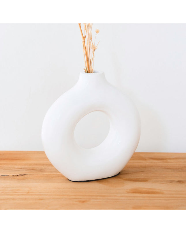 Ringvormige vaas wit – kleivaas handgemaakt – kleine bohovaas – vaas voor gedroogde bloemen – decoratieve vaas voor vensterbank, plank of tafel NUSA