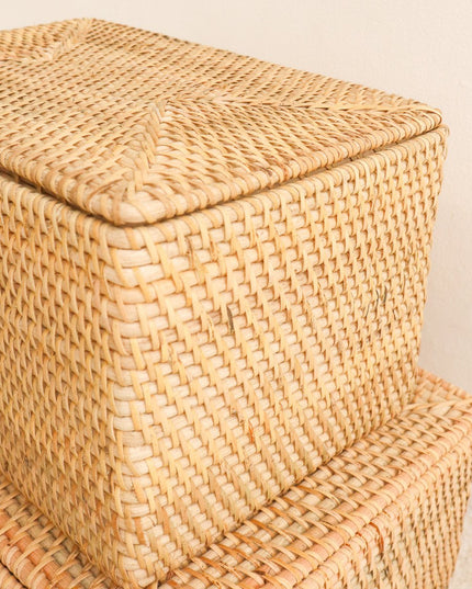 Opbergmand met deksel Plankmand gemaakt van beige rotan handgeweven decoratieve mand GRAHA (2 maten)