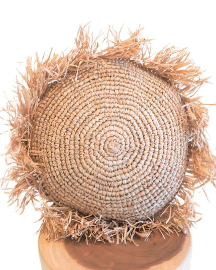 Rond Boho Kussen met Franjes Decoratief Kussen Ø40/50 cm Sierkussen van Raffia Bankkussen met Vulling TARAKAN beige