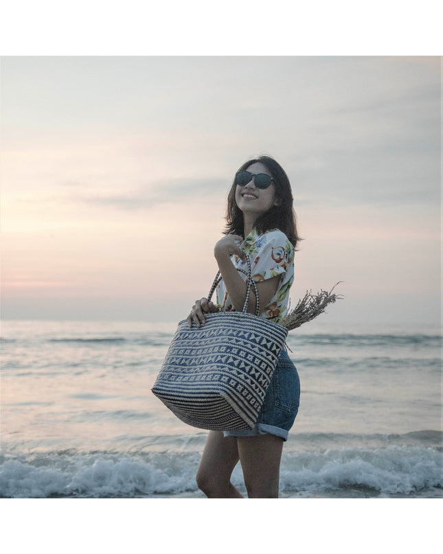 Blauwe boodschappentas | Strandtas | Shopper KIDUL gemaakt van rotan