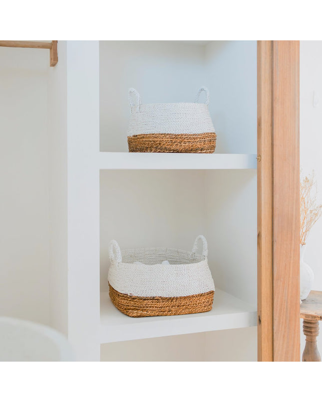 Geweven opbergmand wit – Boho decoratieve mand – vierkante wasmand – plankmand gemaakt van bananenvezel MAJALENGKA wit (3 maten)
