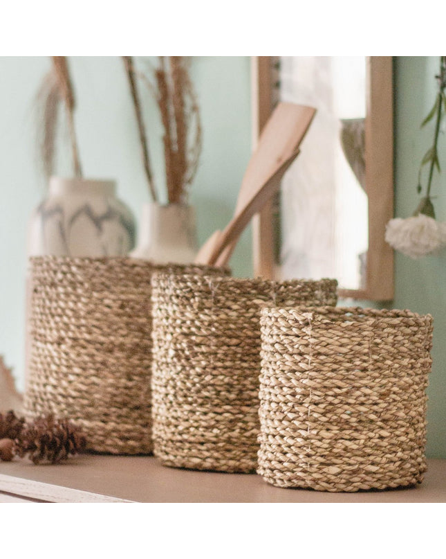 Kleine Zeegras Mand BHINNEKA | Plantenmand | Geweven Boho Mand | Plantenbak | Decoratieve mand | Kleine Opbergmand | Ronde bloemenmand