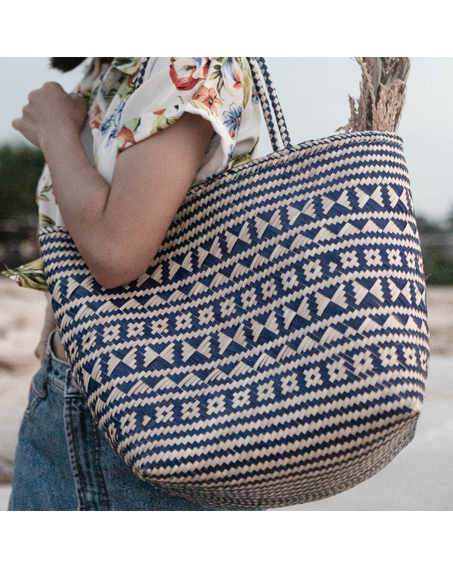 Blauwe boodschappentas | Strandtas | Shopper KIDUL gemaakt van rotan