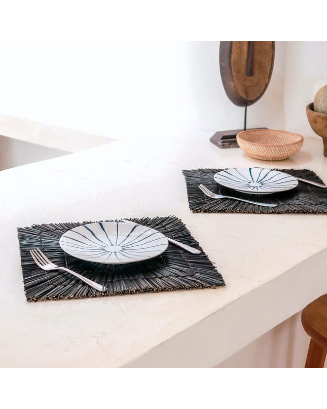 Zwart zeegras placemat (set van 2, 4 of 6) 36 cm | Rechthoekige vierkante tafelmat VARNA (zwart)