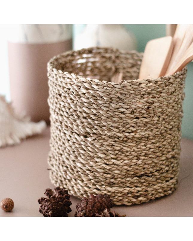Kleine Zeegras Mand BHINNEKA | Plantenmand | Geweven Boho Mand | Plantenbak | Decoratieve mand | Kleine Opbergmand | Ronde bloemenmand