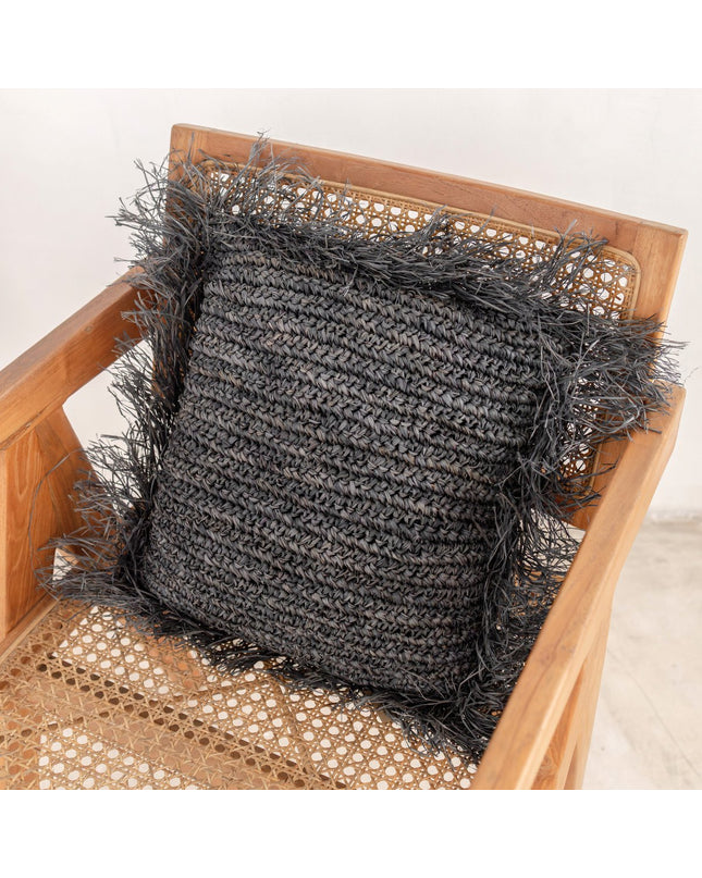 Zwart Raffia sierkussen met vulling Decoratief kussen met franjes GANDI gemaakt van Raffia (2 maten)